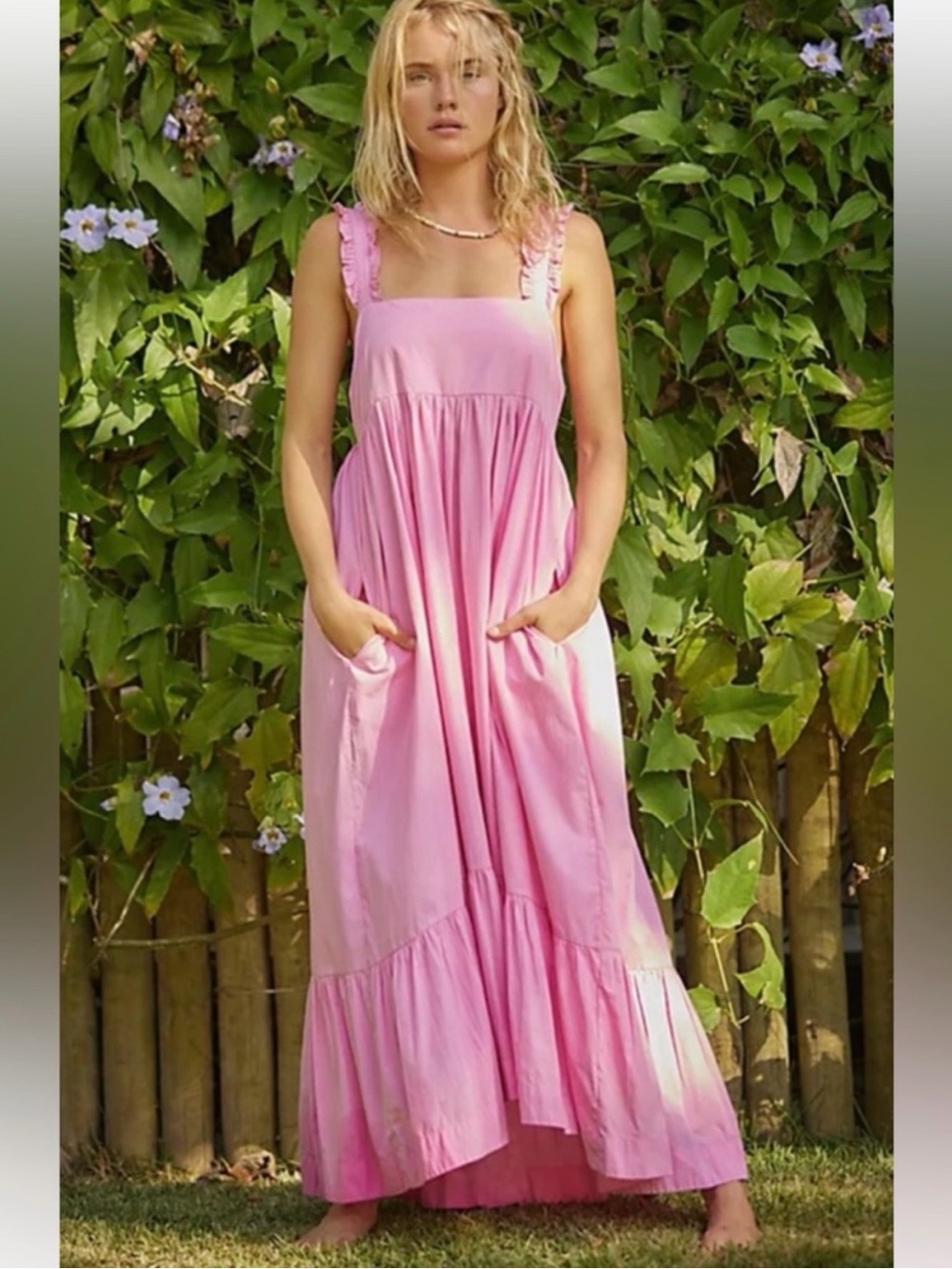 Free People Pink Maxi Dress with Ruffle Straps